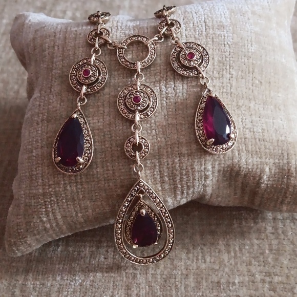Gold Tone Garnet Dangle Tear Drop Necklace - Picture 9 of 12